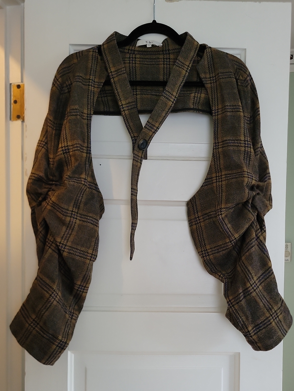 Tibi Frank Plaid Brown Shrug Wool Jacket Bolero Blazer Ruched Sleeves - O/S